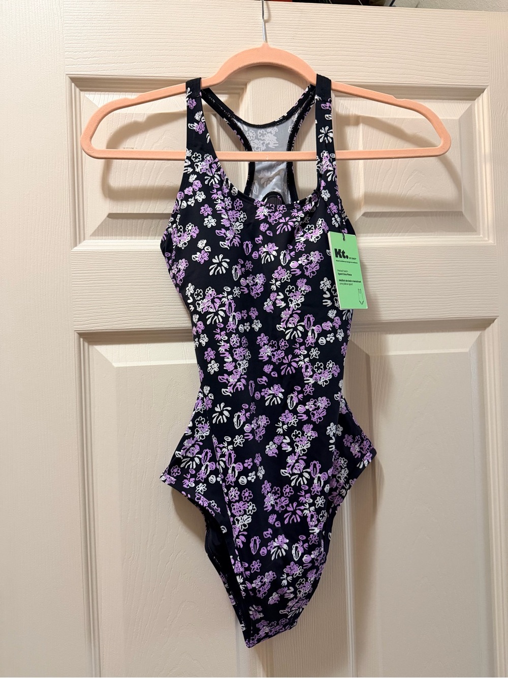 New KT by Knix Floral One-Piece Period Absorbing Swimsuit - Purple/Black.